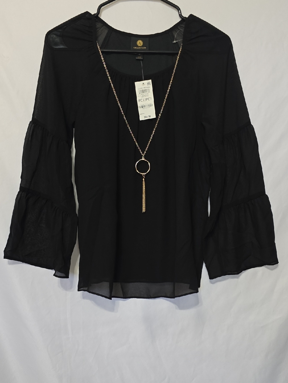 NWT JM Collection Black Tiered Sleeve Blouse w/ Gold Tassel Necklace PM